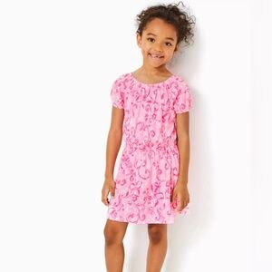 Lilly Pulitzer Kids Pink Floral Smocked Waist Puff Sleeve Dress Size M 6-7